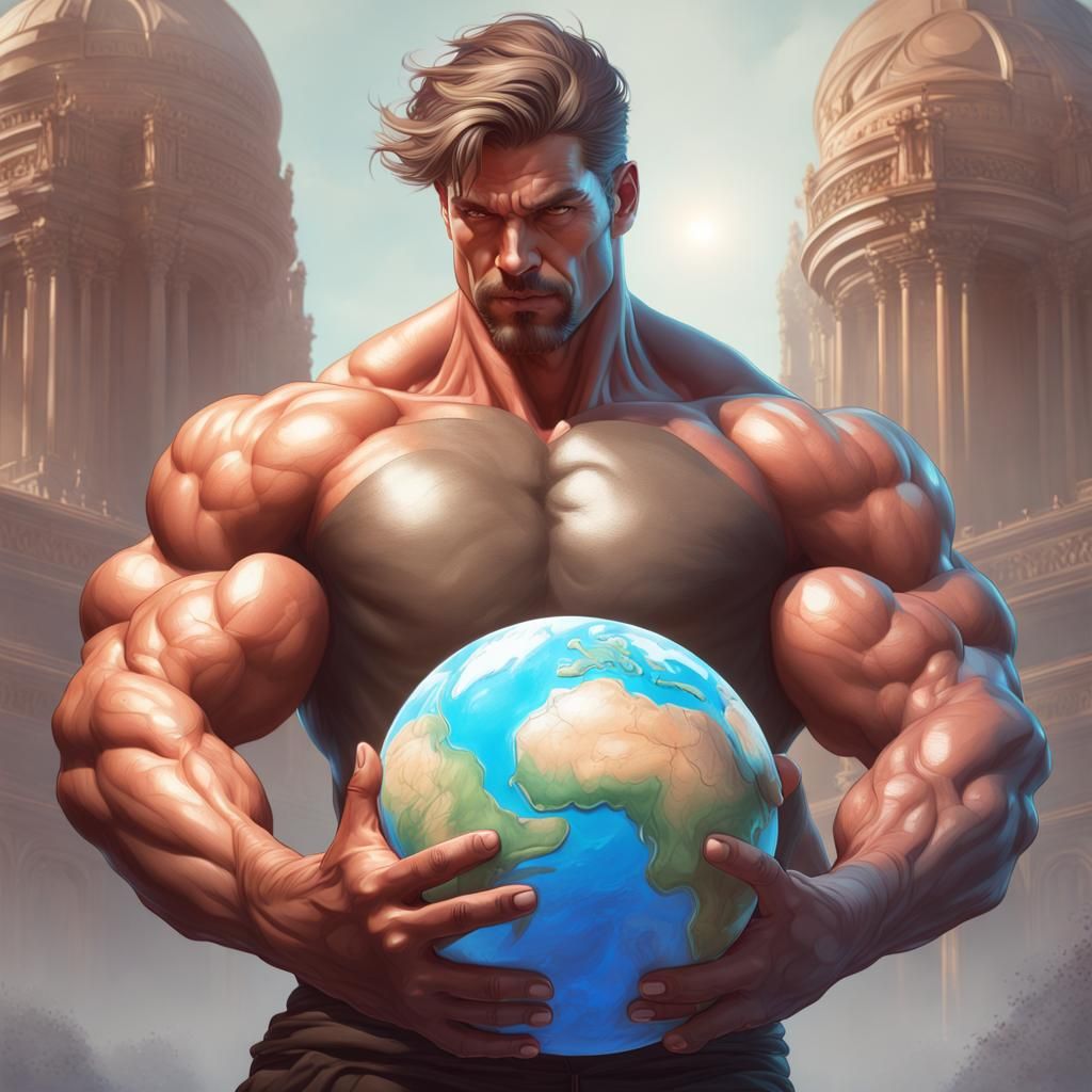 Muscular Man Holding Earth: Hyperdetailed Portrait