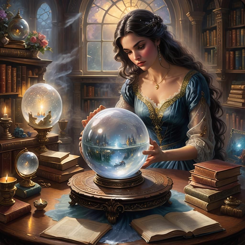 Woman Gazing into Crystal Ball Revealing Magical World