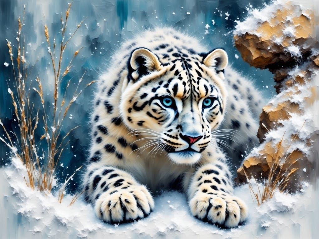 Majestic Snow Leopard Endures Arctic Storm in Impasto Oil Pa...