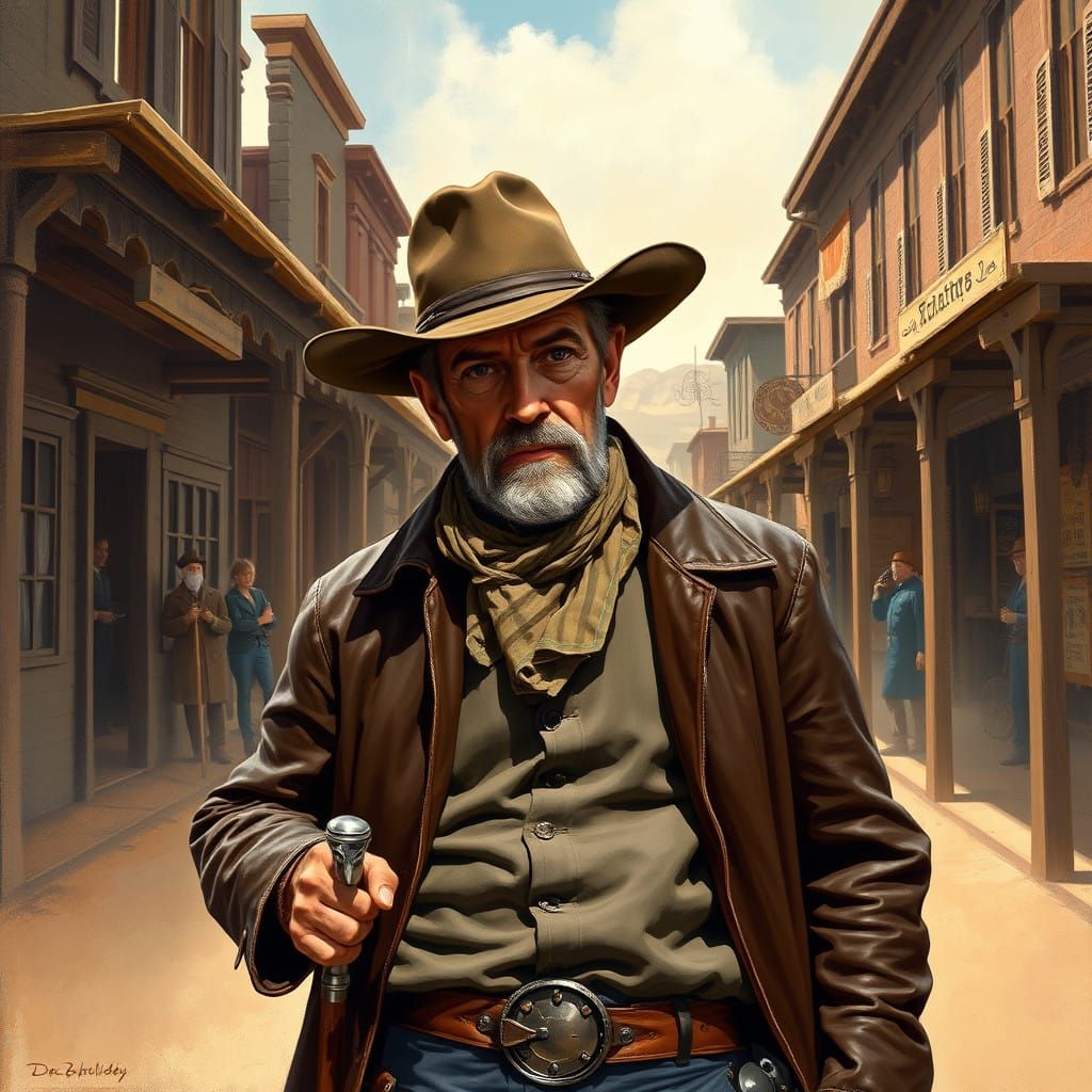 Gunslinger in a Wild West Town, in the Style of Frederic Rem...