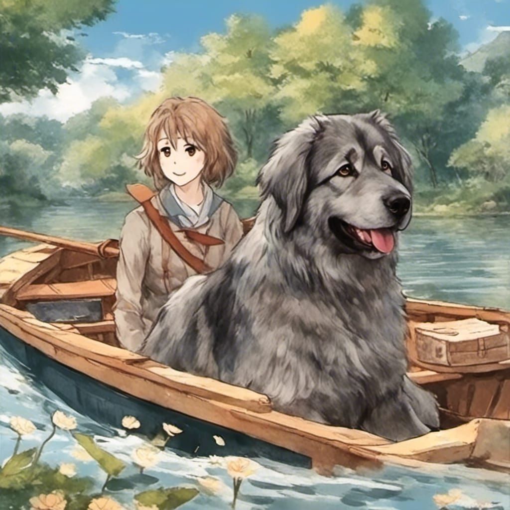 Anime Portrait of Woman in Rowboat on Lake