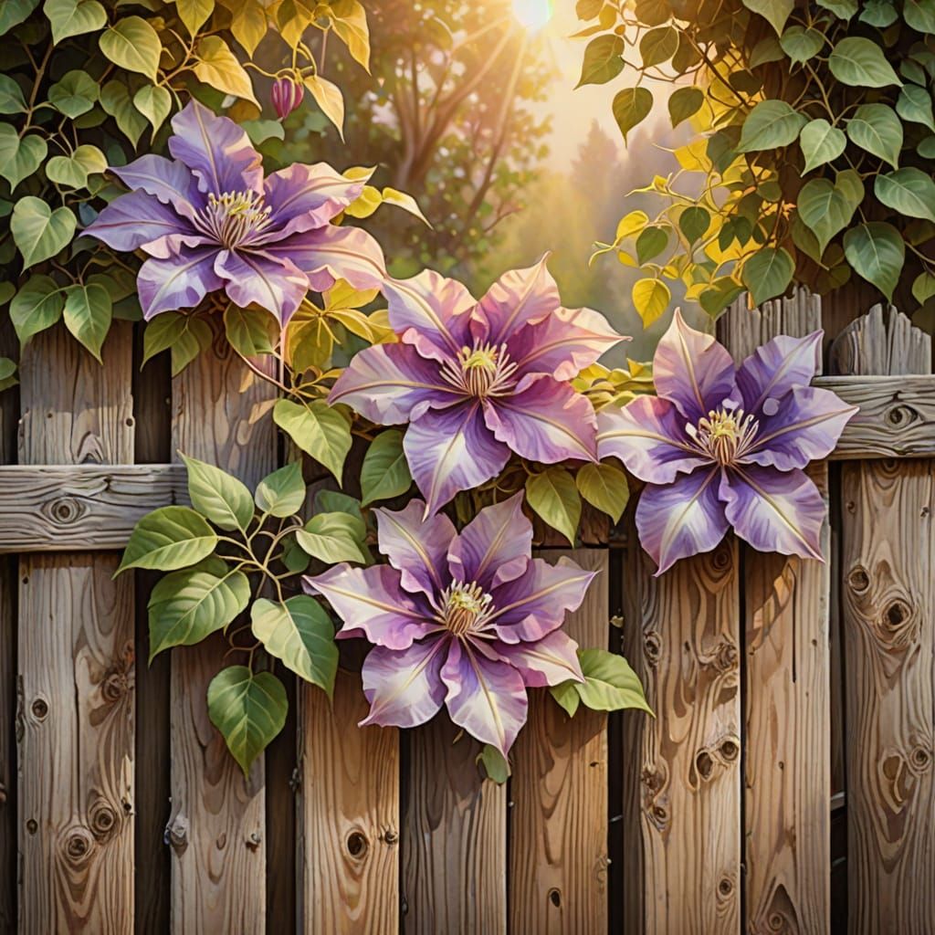 Clematis Climbs a Fence in Romantic Watercolor Style