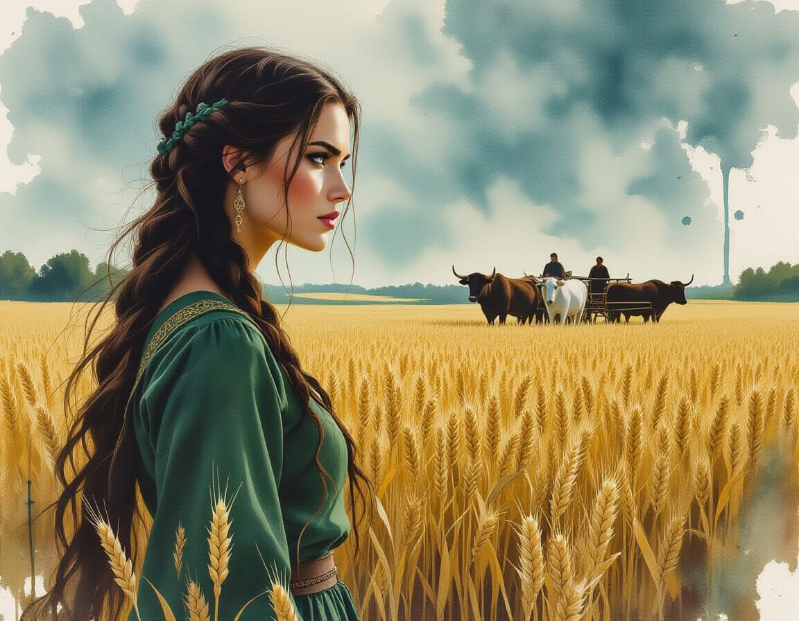 Norse Harvest Goddess in Expressive Watercolor Portrait