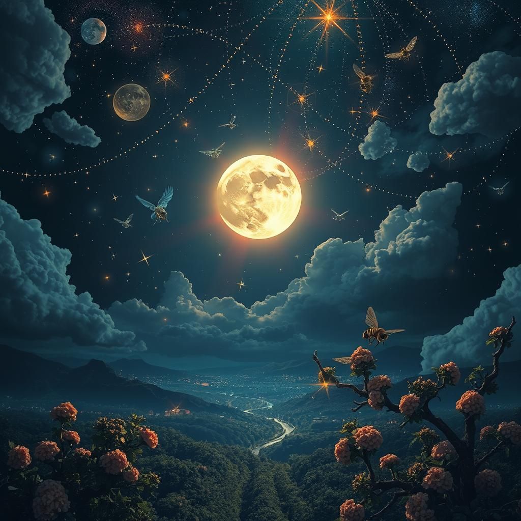 Cosmic Moon Honey: Holographic Astral Illustration