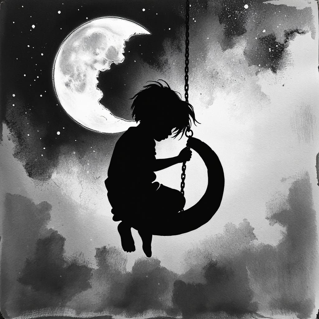 Child on Tire Swing Under Crescent Moon, Stardust Glimmer