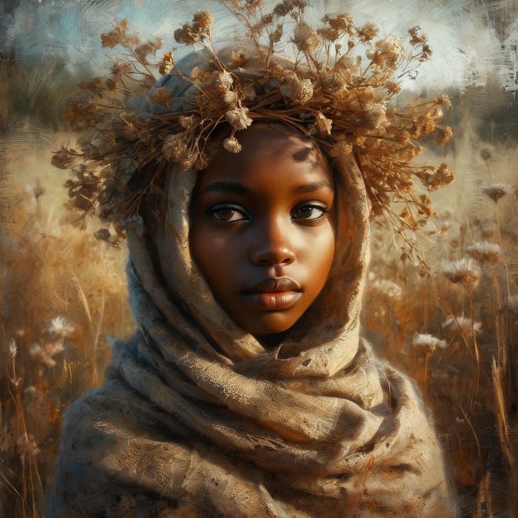 Painted Portrait of Girl with Flower Wreath