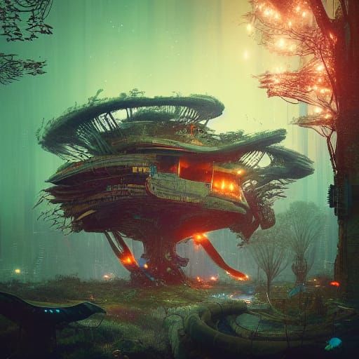 Cyberpunk Treehouse with Dragons in Detailed Matte Photo