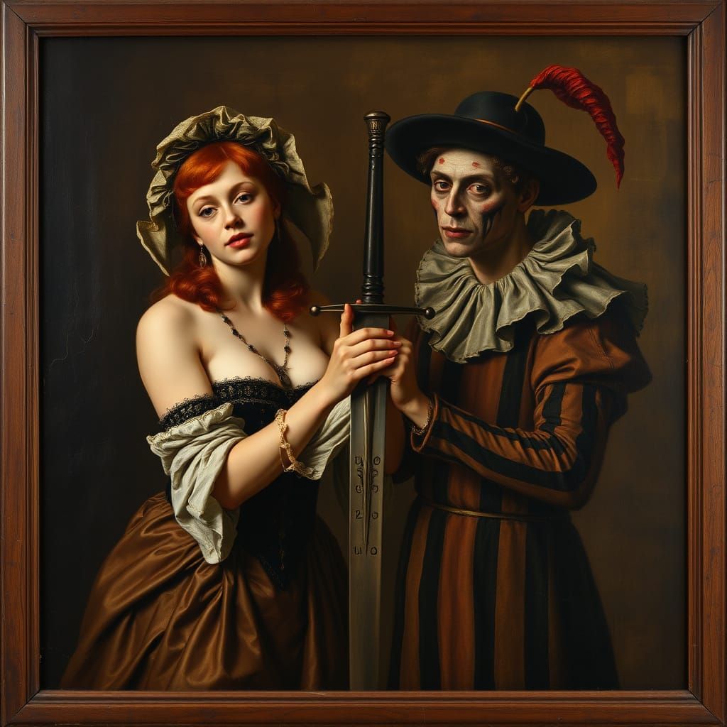 Baroque Fortune Teller with Harlequin, Oil Painting