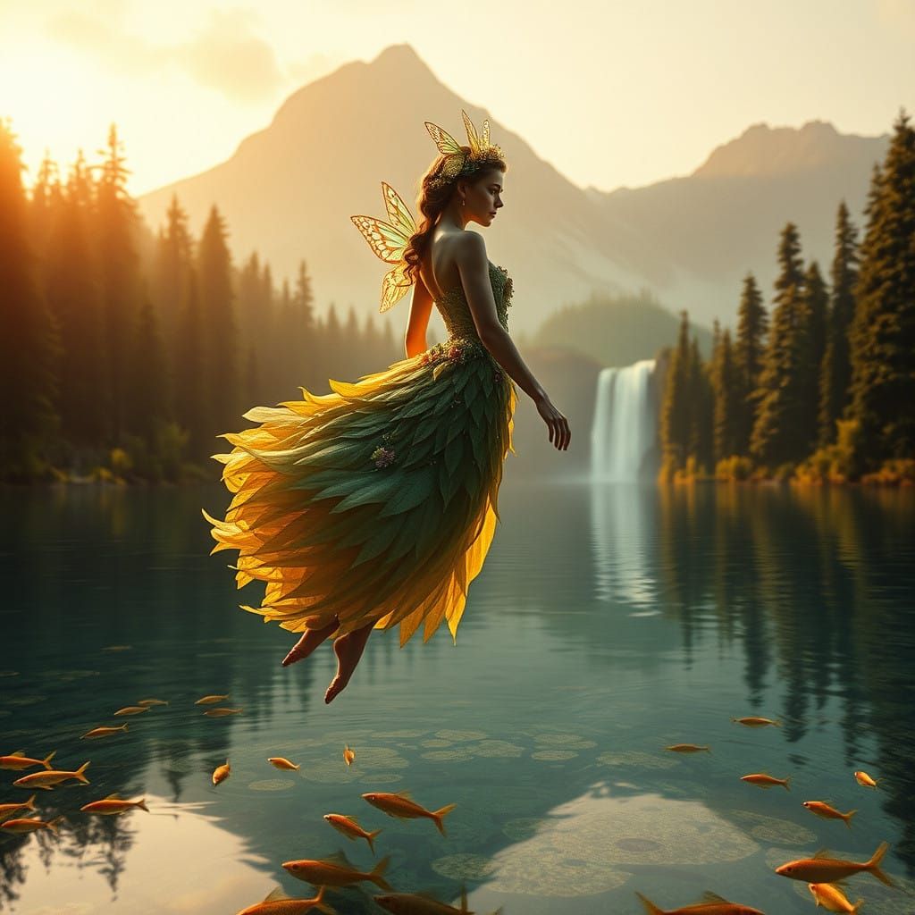 Hyperrealistic Fairy in Enchanted Forest Landscape