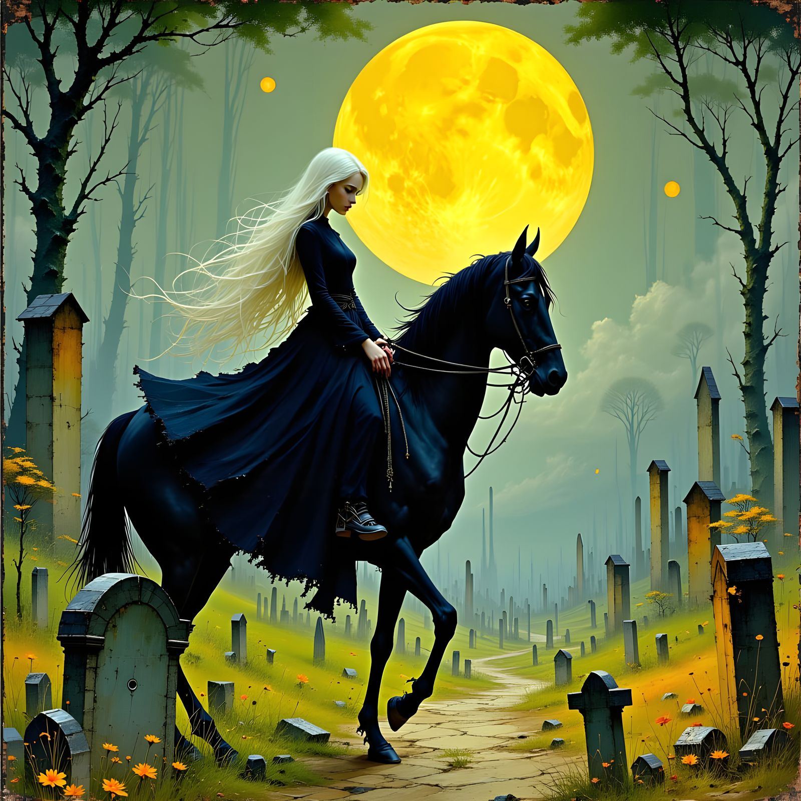A long white haired beautiful woman riding a black steed thr...