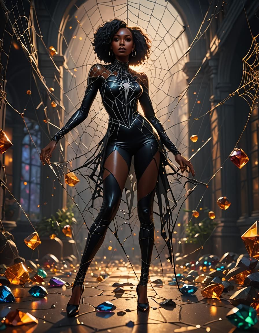 Elegant Woman in Spider Web Dress, Digital Art