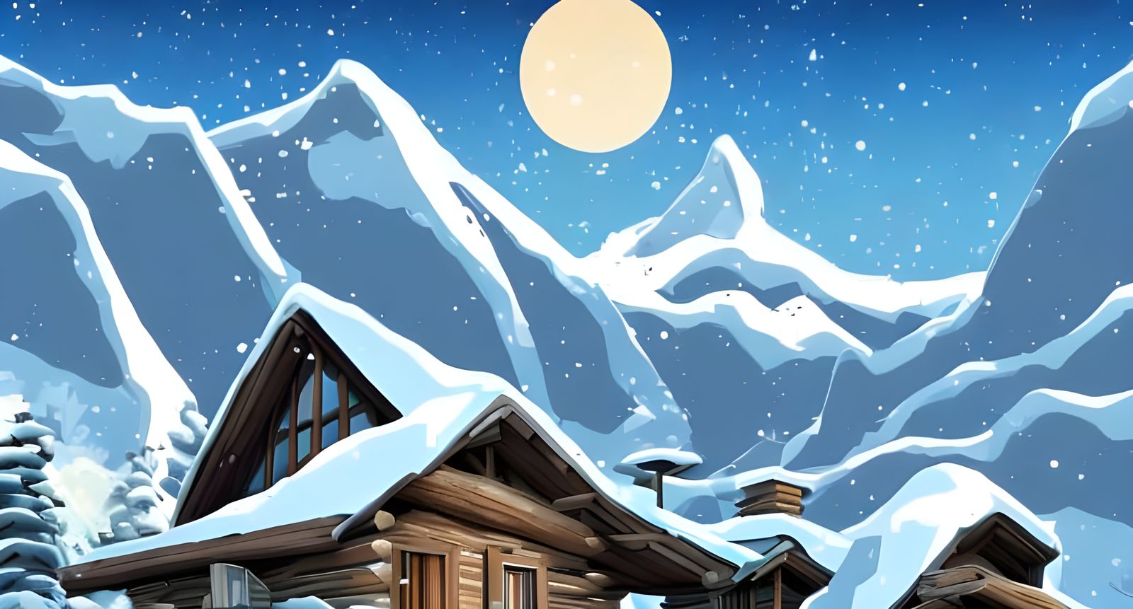 Winter Cabin in Anime Style: Mountain Village View