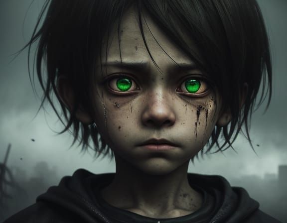 Ominous Child with Neon Green Glow in Foggy Playground