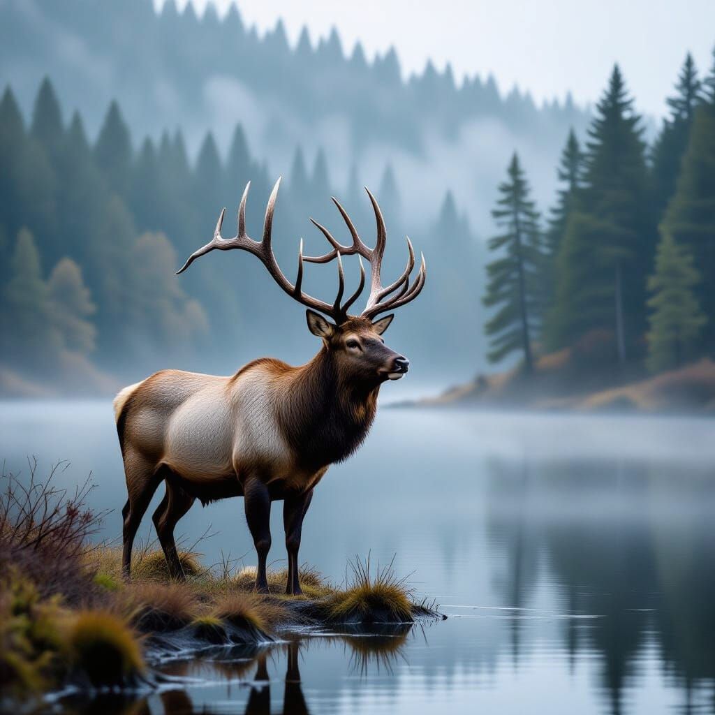 Majestic Elk by Misty Maine Lake Photorealistic Style