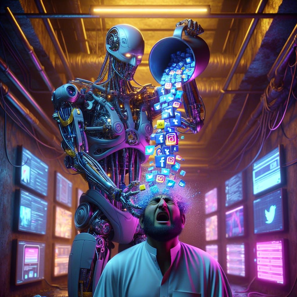 Cyborg Pouring Social Media Icons into Mind in Cyberpunk San...