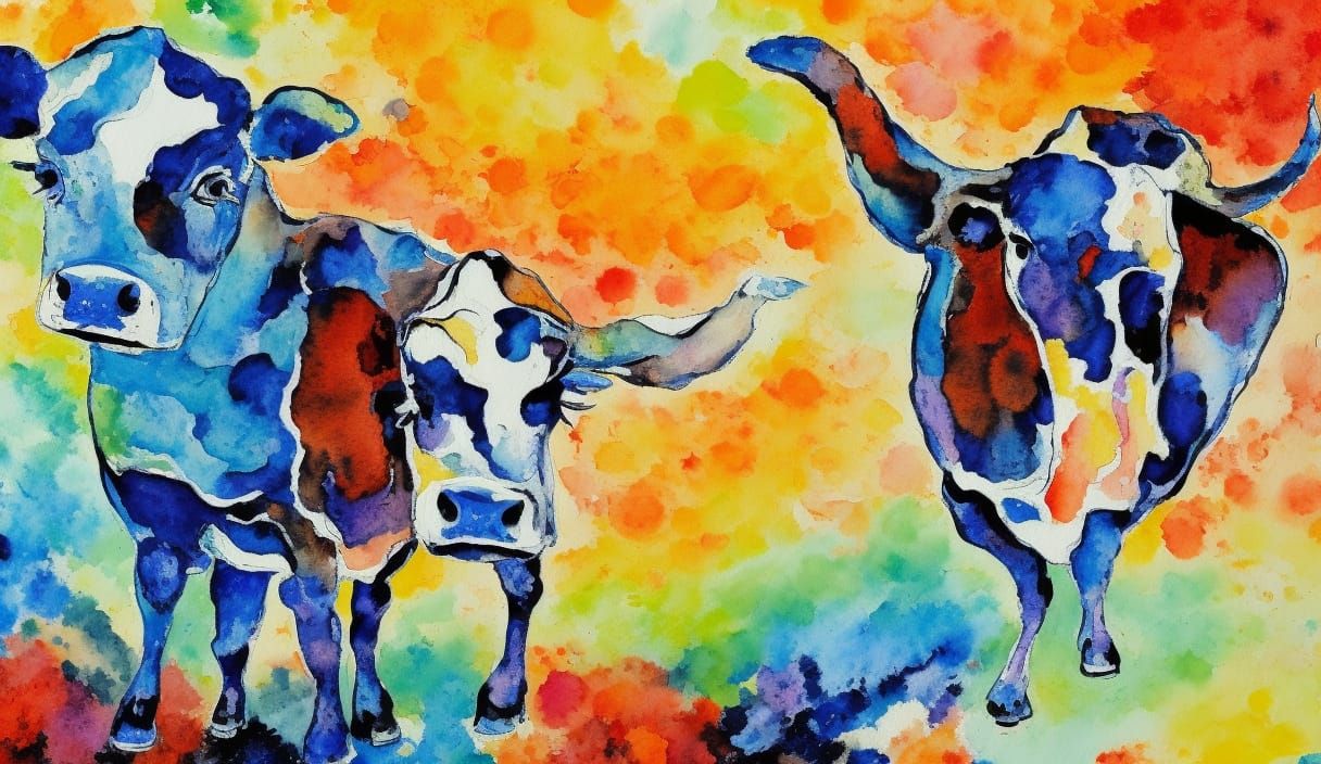 Cow Jumping Over Moon: Abstract Gouache Impressionist Art
