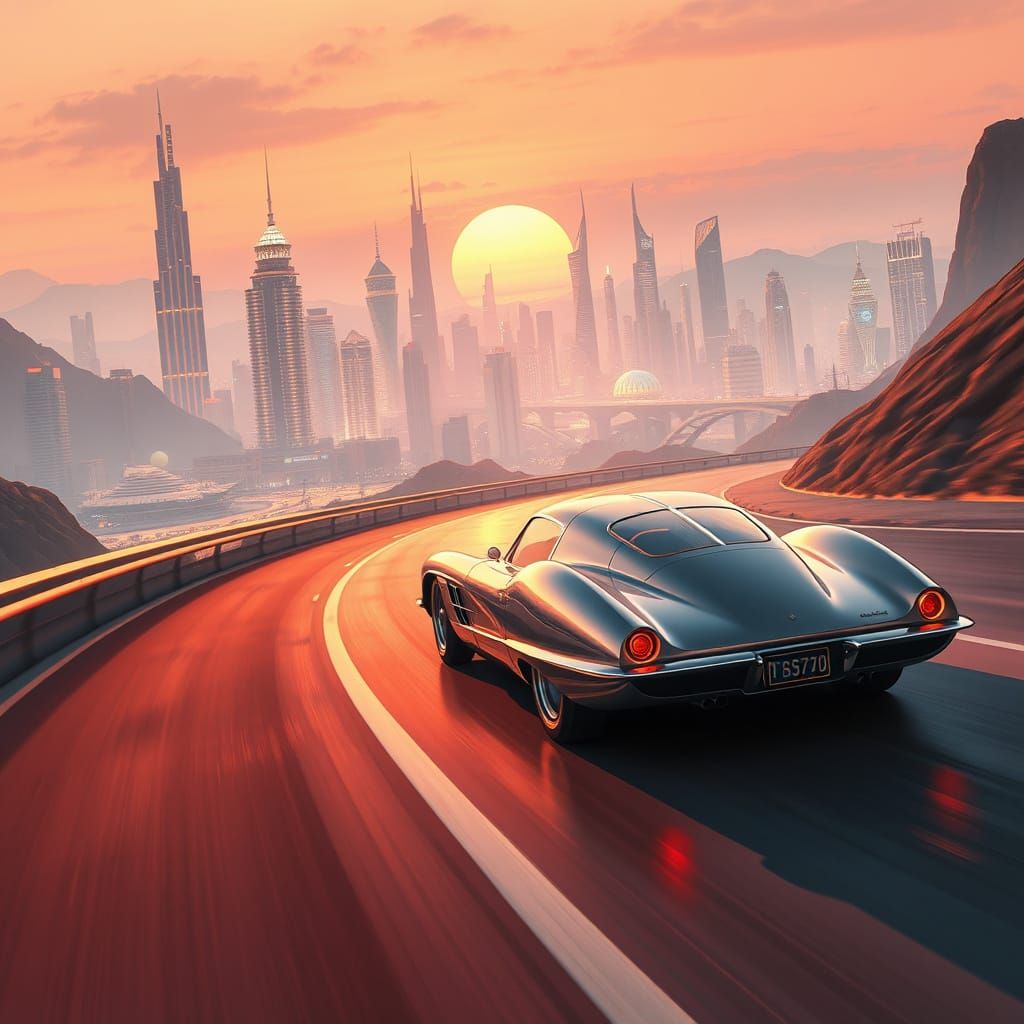 Retro-Futuristic Car Glides into Glowing Cityscape