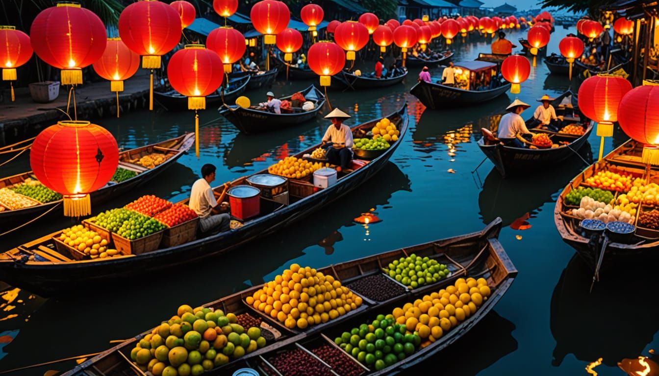 Vietnamese Night Market Under Starry Moonlight