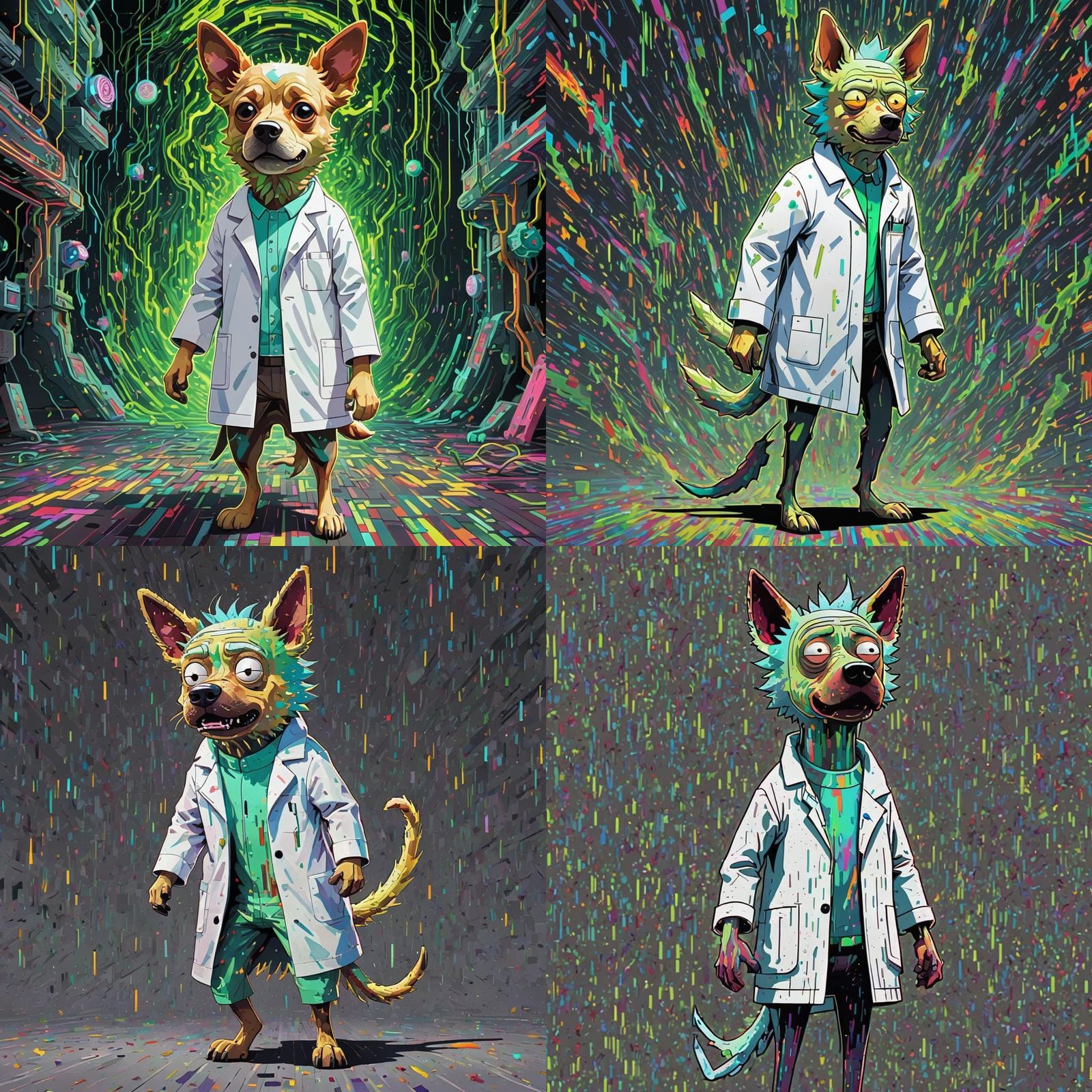 Glitched Dog Scientist in Rick and Morty Style