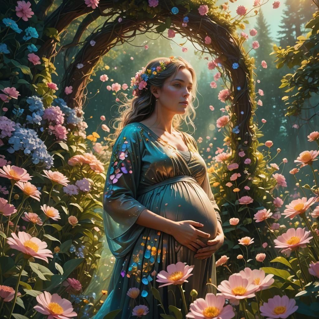 Radiant Pregnant Woman with Iridescent Flowers