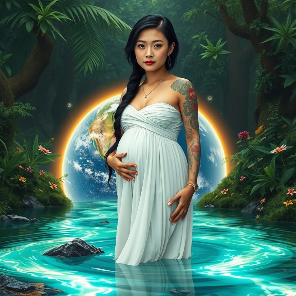 Pregnant Woman in Surreal Earth Landscape
