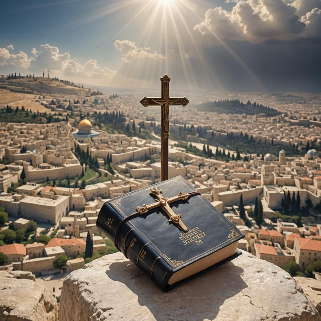Jerusalem Landscape with Holy Bible and Cross