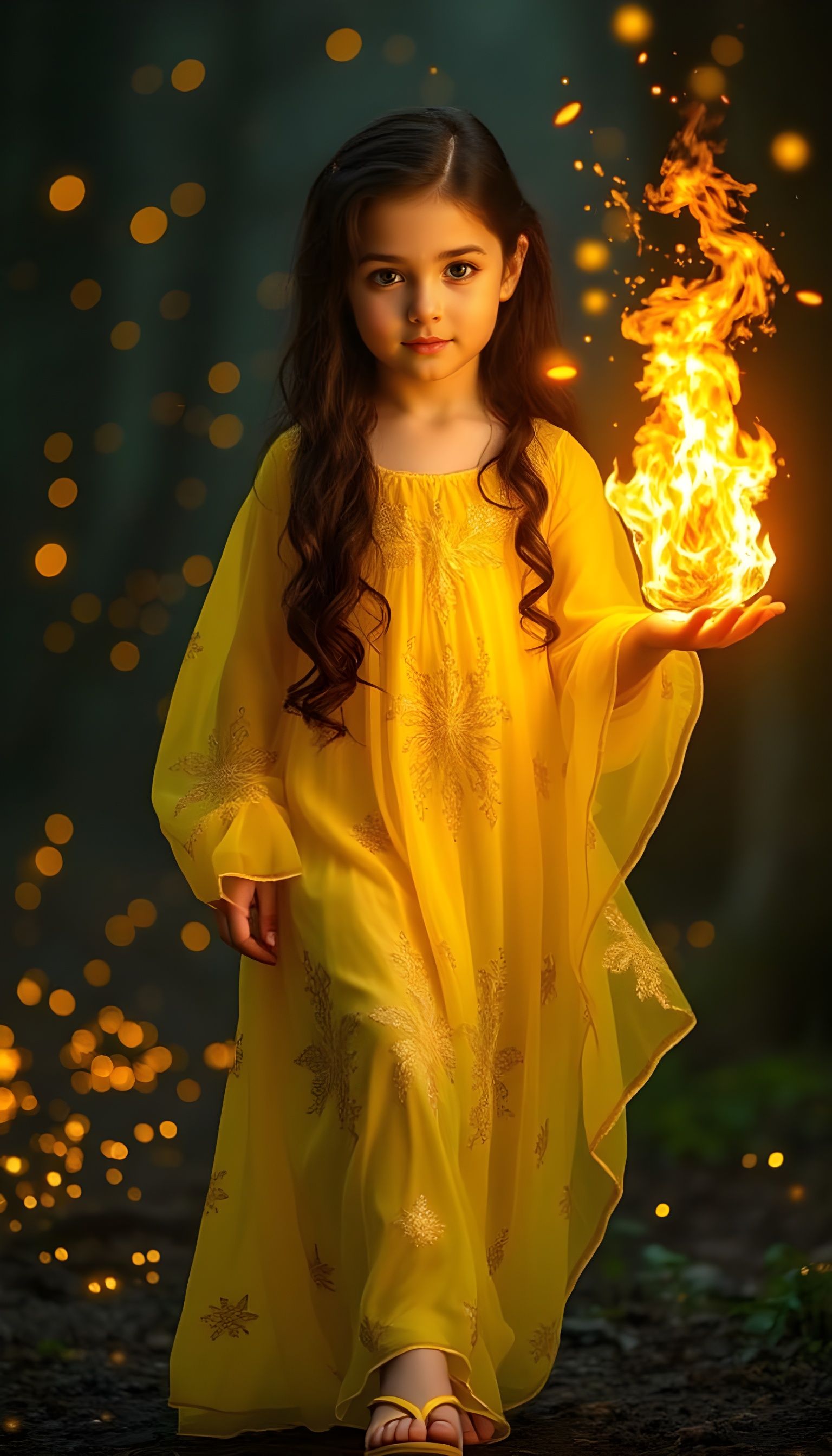 Girl with Golden Fire in Dark Forest