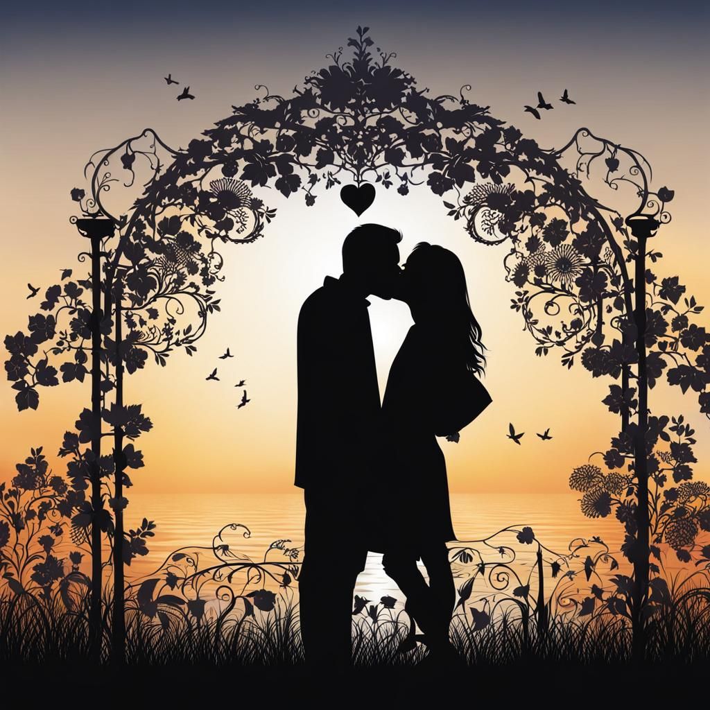 Romantic Silhouette of Kissing Couple