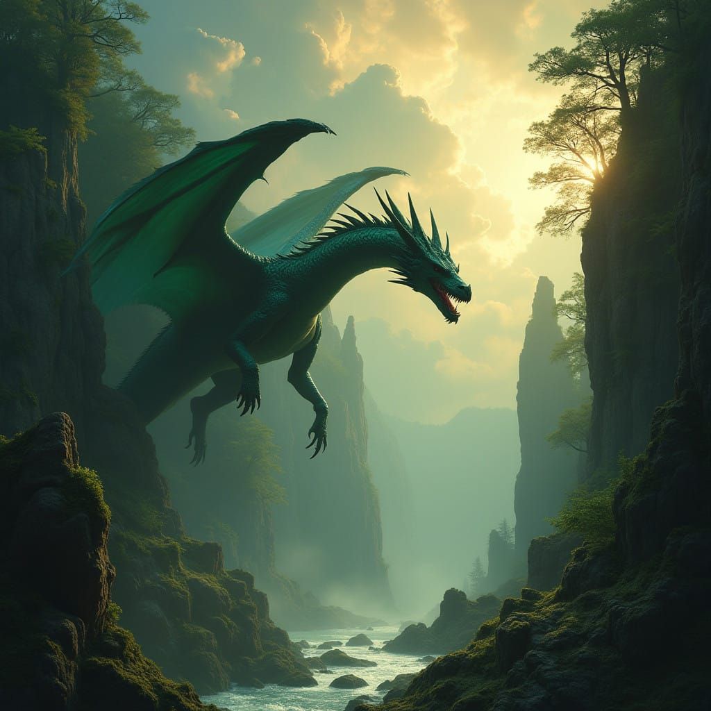 Majestic Dark Forest Green Dragon in Celestial Landscapes