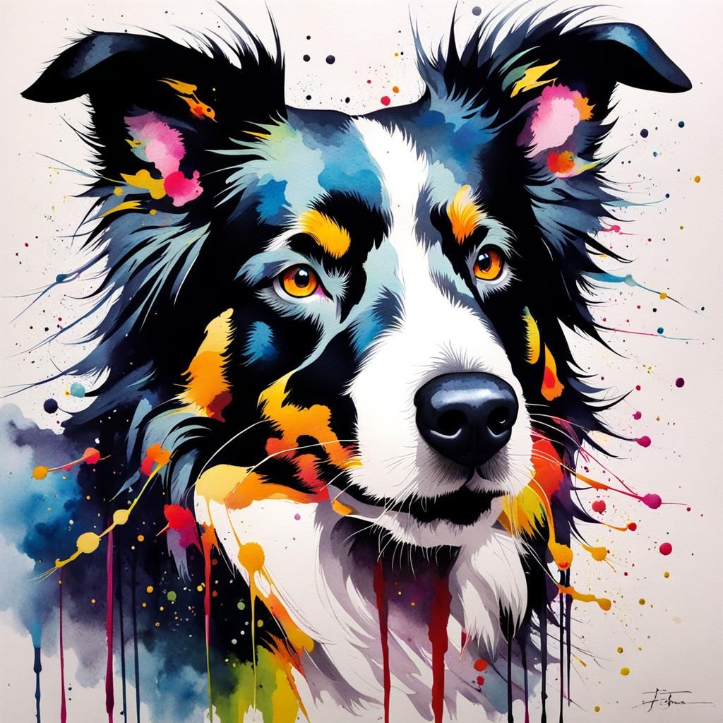 Energetic Border Collie in Ink Splatter Style