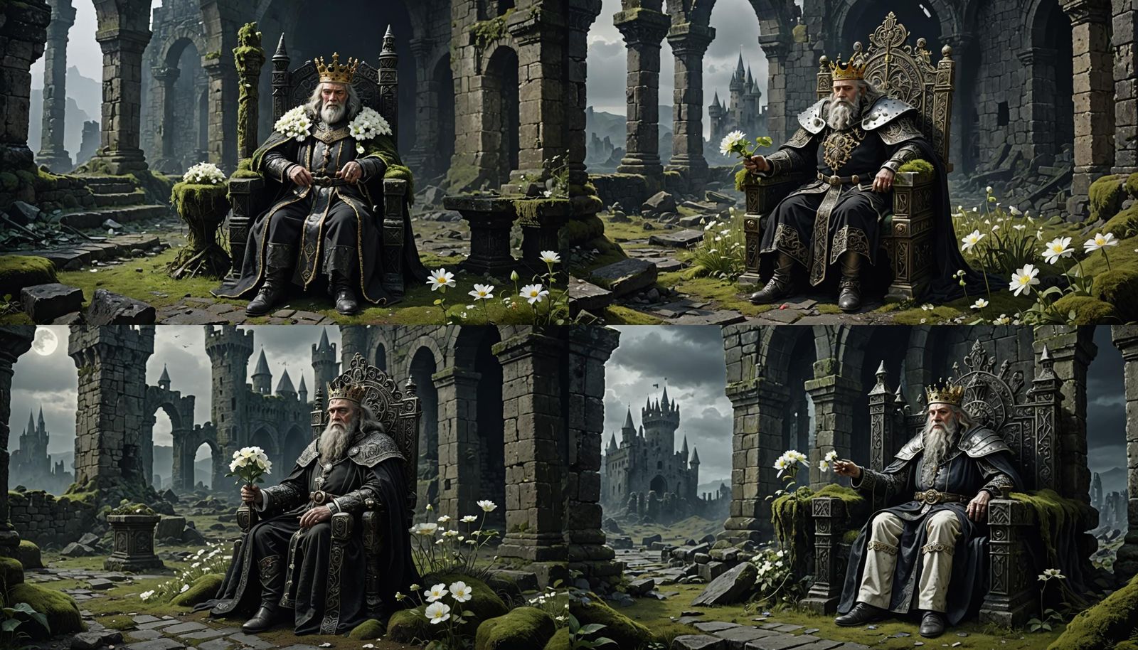 Ruined King with Glowing Flower on Throne
