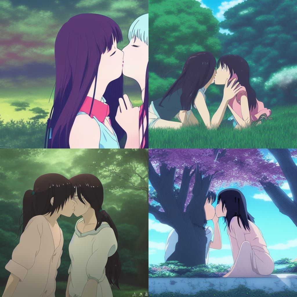 Girls Kissing in Studio Ghibli Anime Style