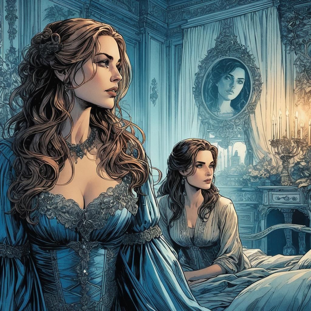 Two Women in Exquisite Bedroom, Comic Book Style