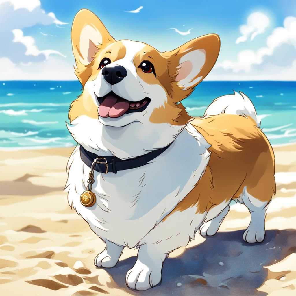 Anime Corgi on Beach in Manga Style
