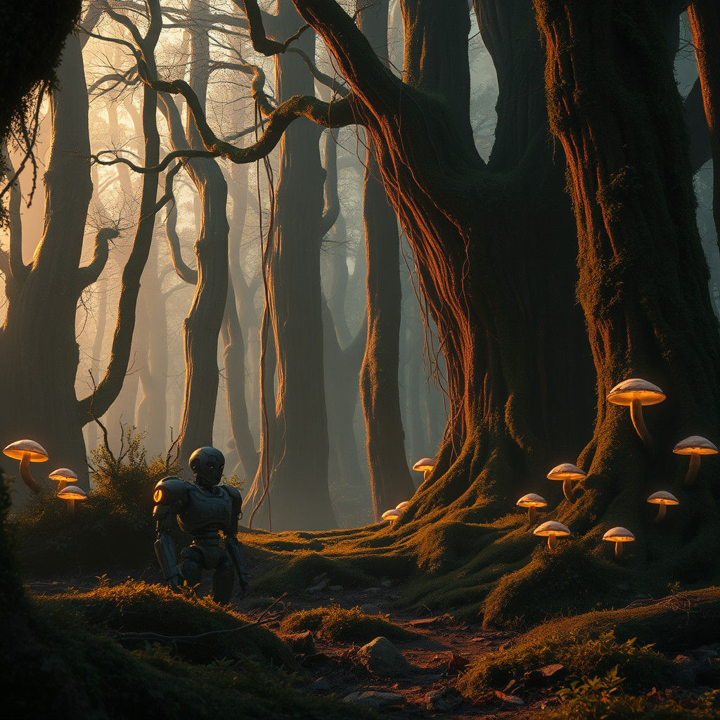 Robot in Mystical Forest, Matte Painting