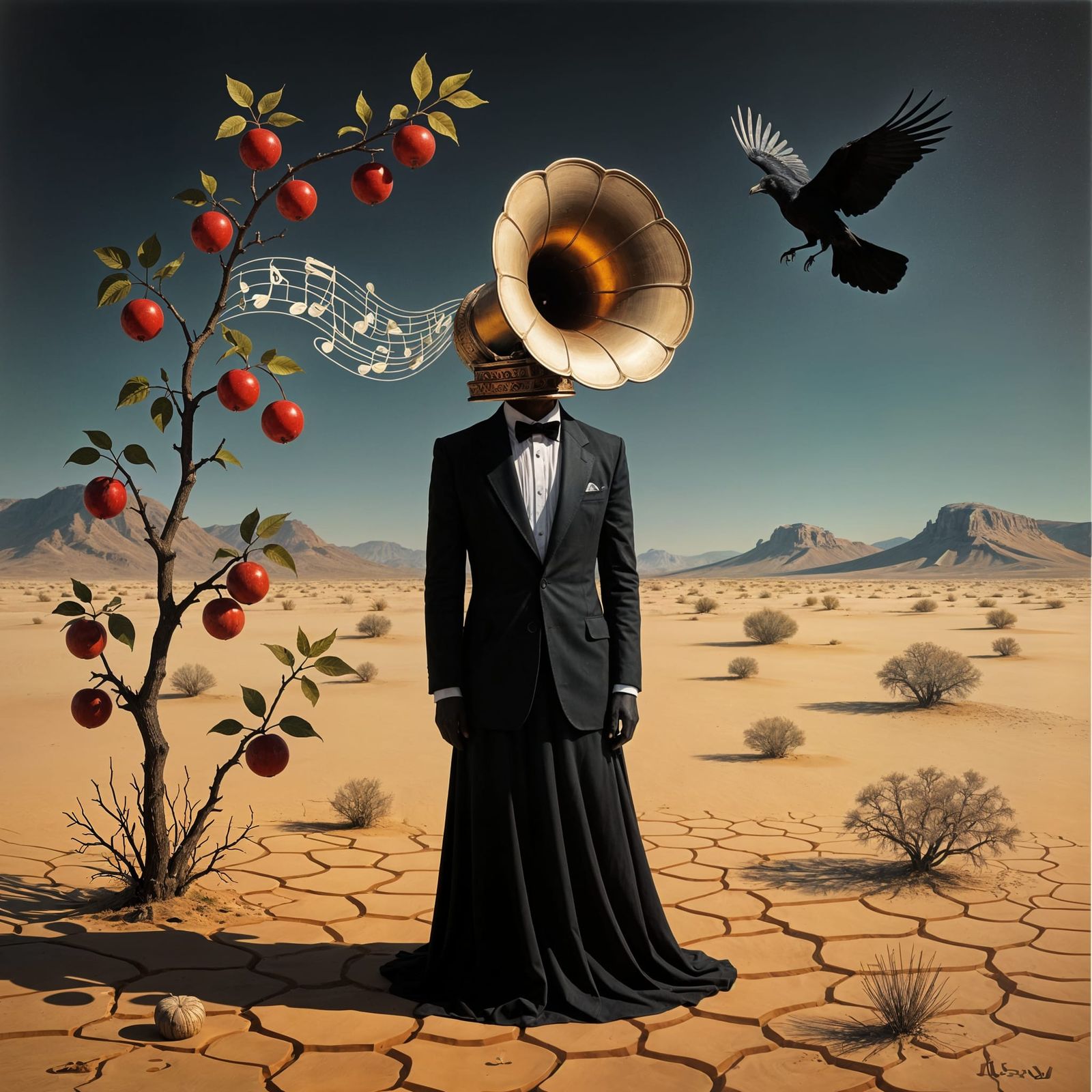 Gramophone Head Figure in Desert, Surreal Metaphor