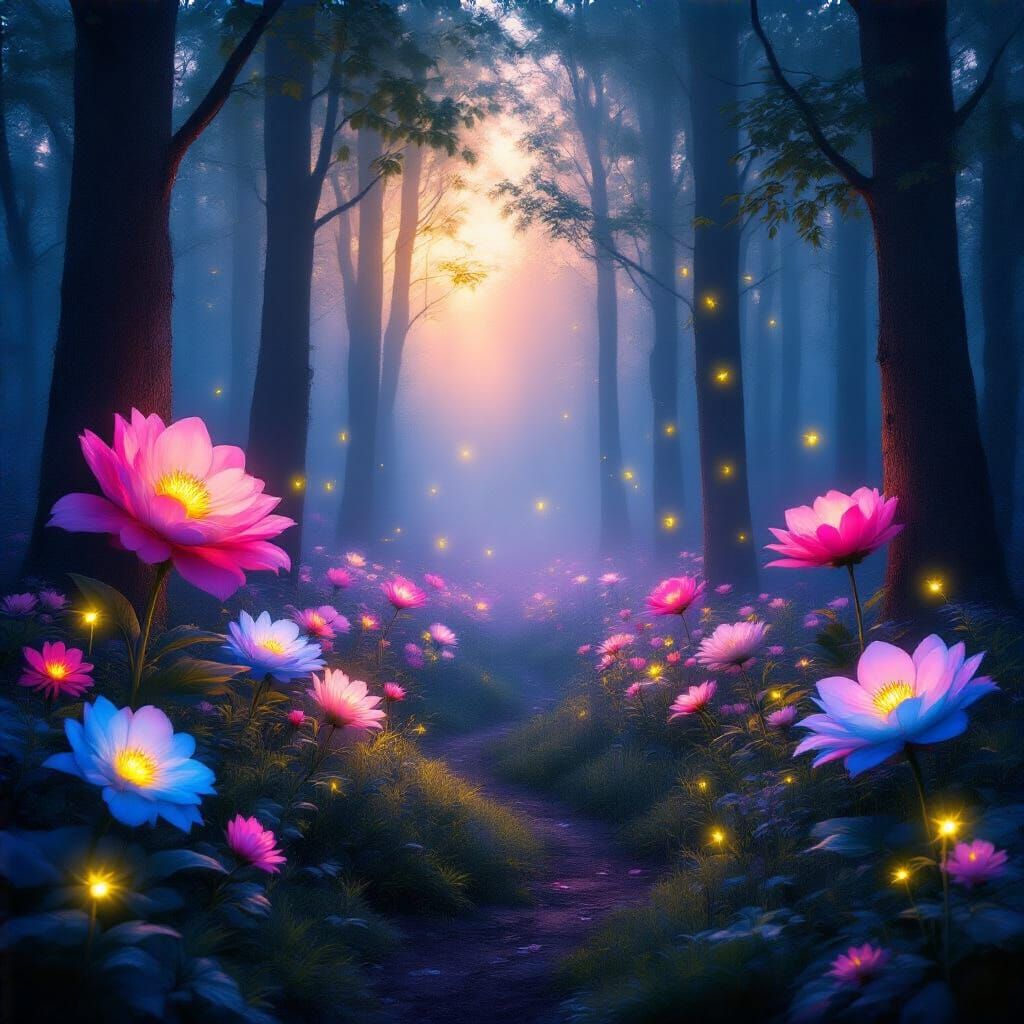 Neon Flowers Bloom in Twilight Forest