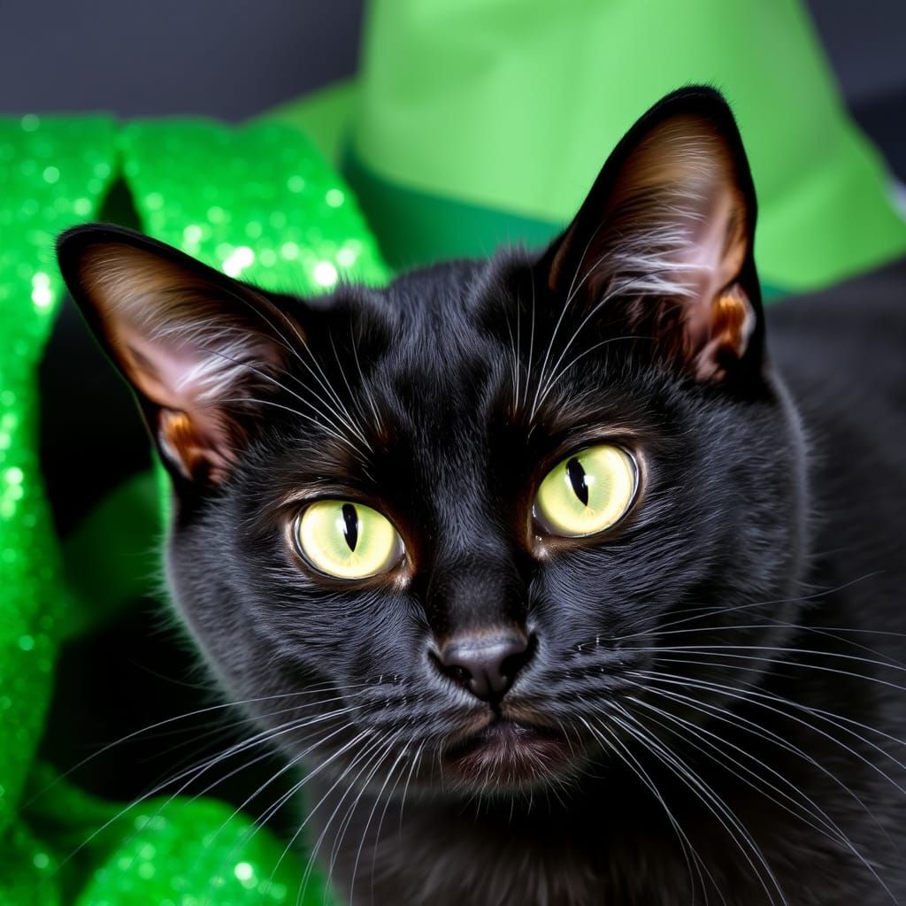 Black Cat with Green Witch Hat and Glitter