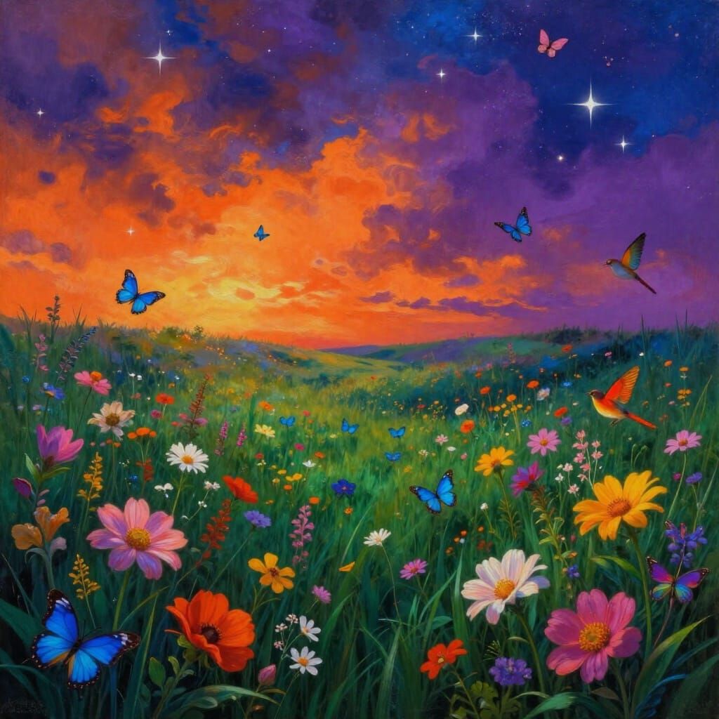 Ethereal Landscape with Fiery Sky and Vibrant Blooms