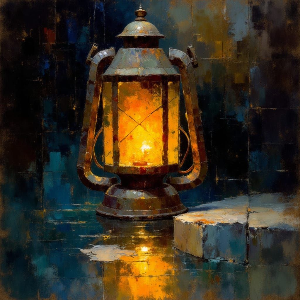Ancient Lantern Casting Hopeful Light in Moody Landscape