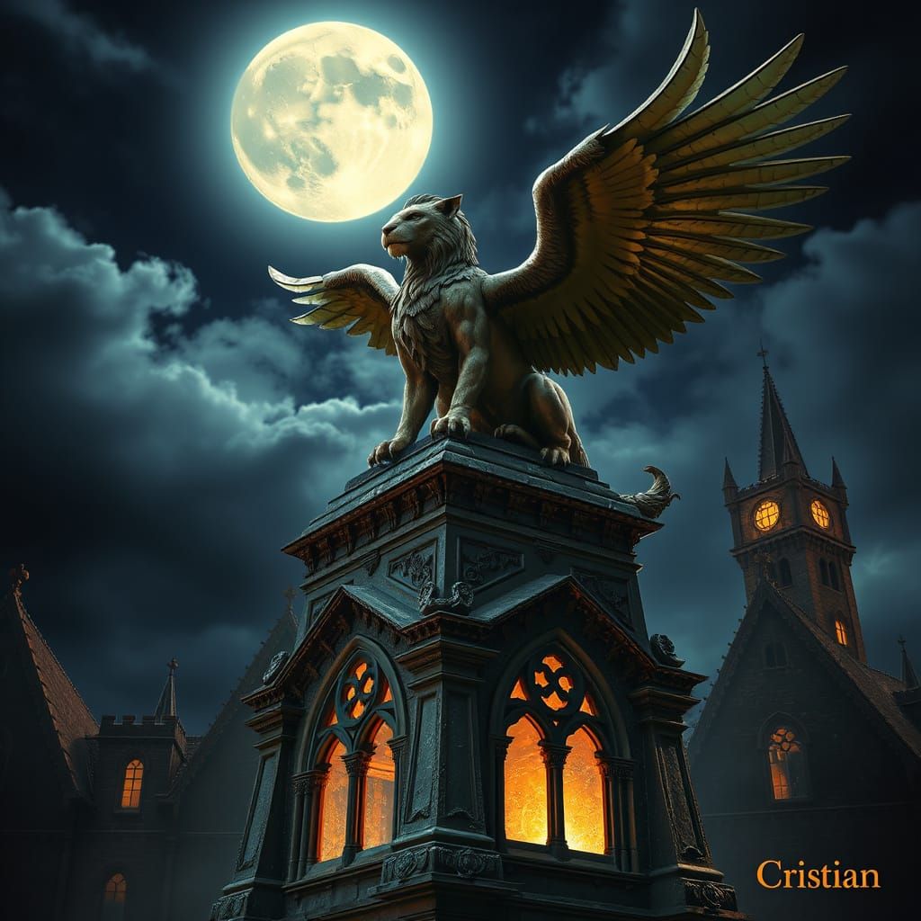 Majestic Griffin Perched on Gothic Monument Under Moonlit Ni...