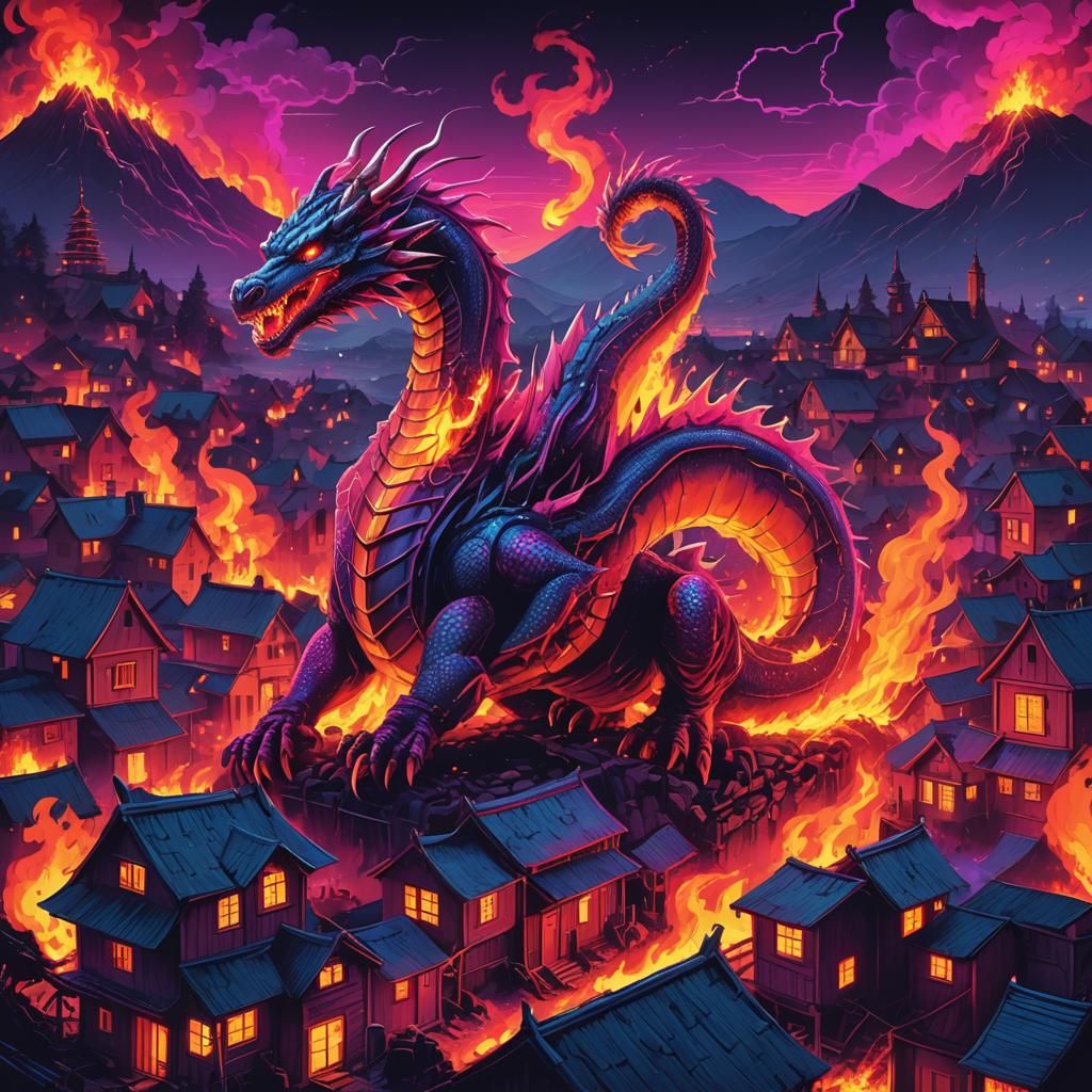 Dragon Burns Village in Synthwave Neon Style