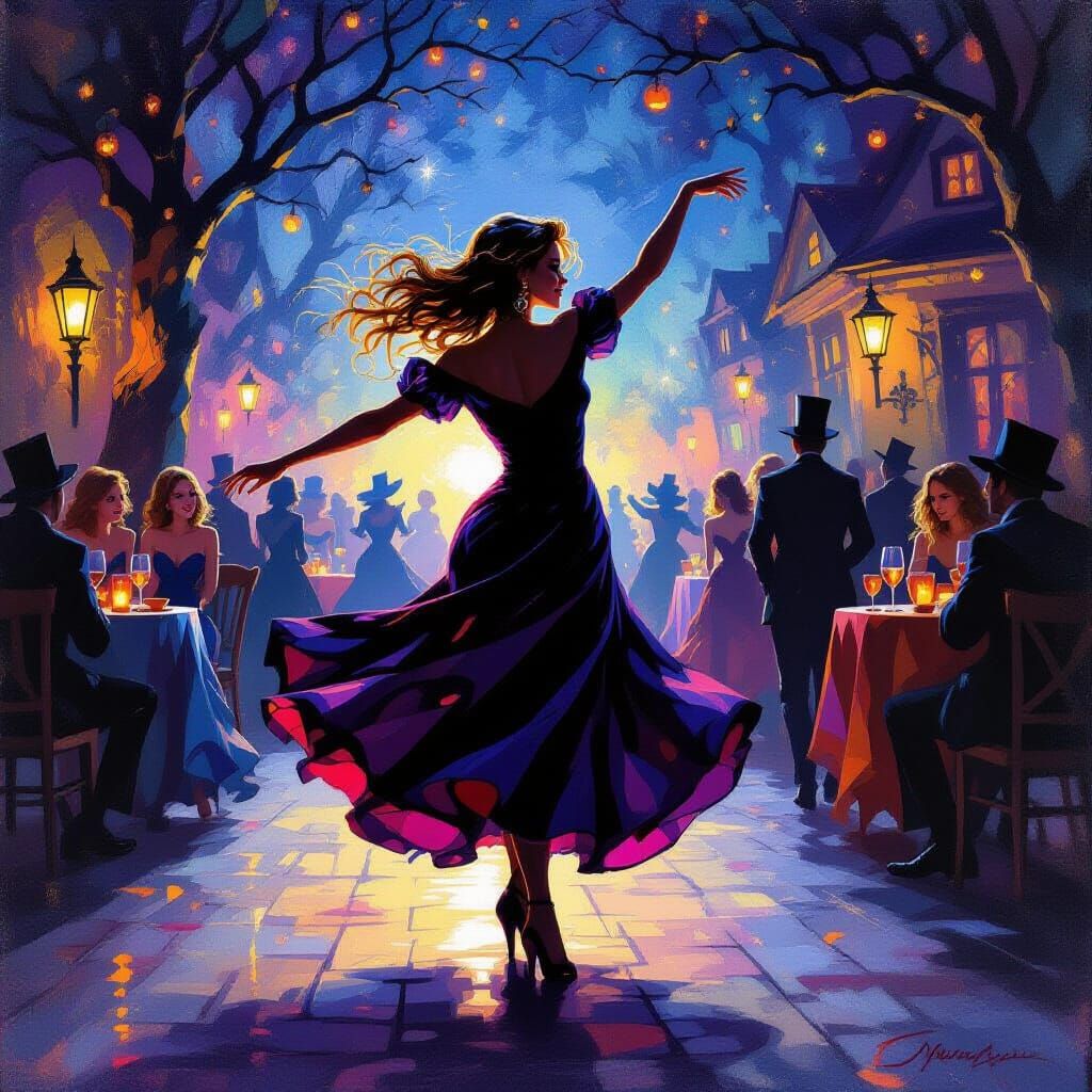 Joyful Halloween Dancer in Luminescent Night Scene