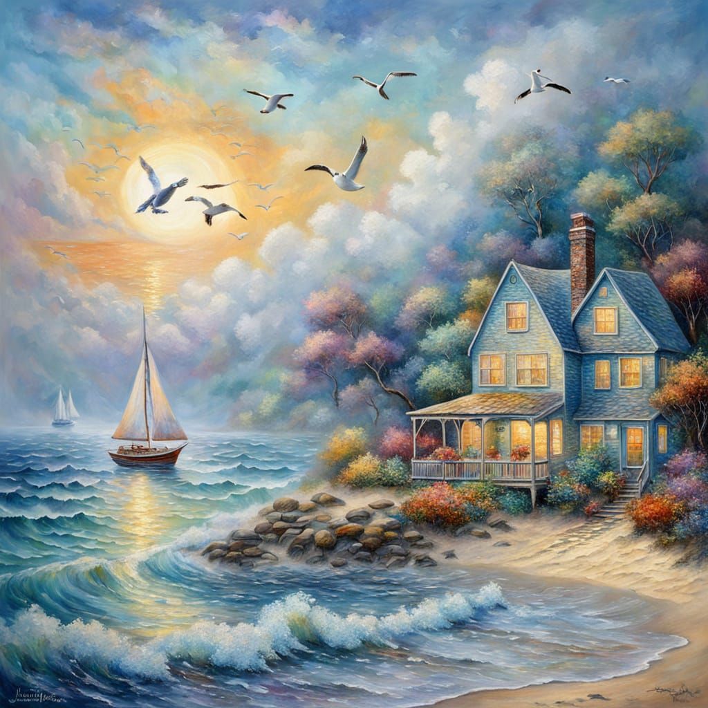 Coastal Cottage at Summer's End: An Impasto Painting