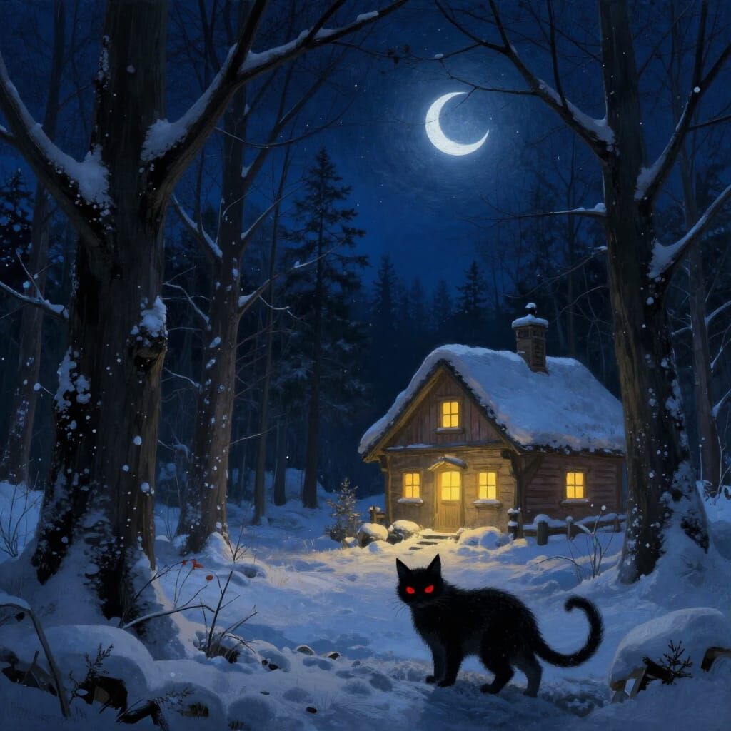 Yuletide Forest Night with Yule Cat and Cozy Cottage