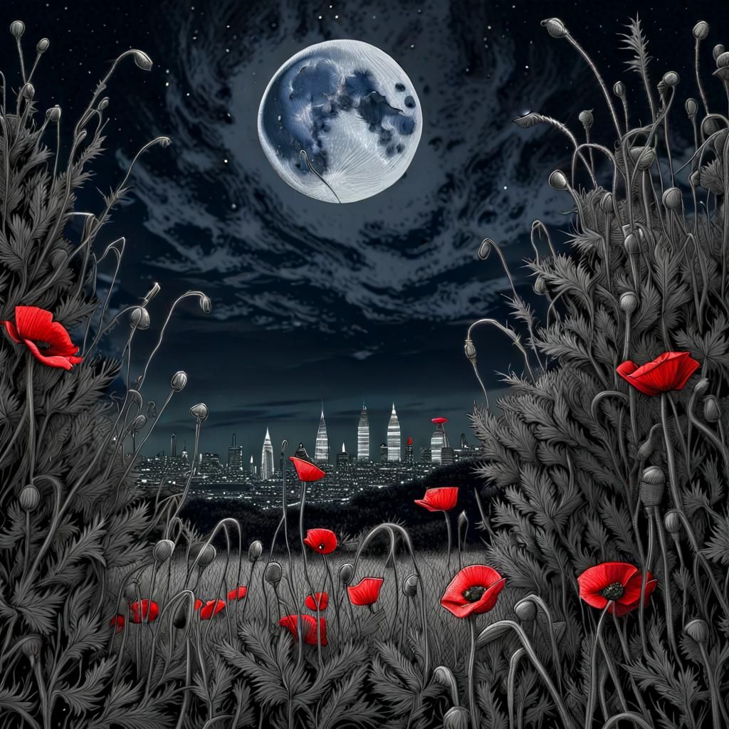 London Poppy Field: Selective Color Ink Sketch