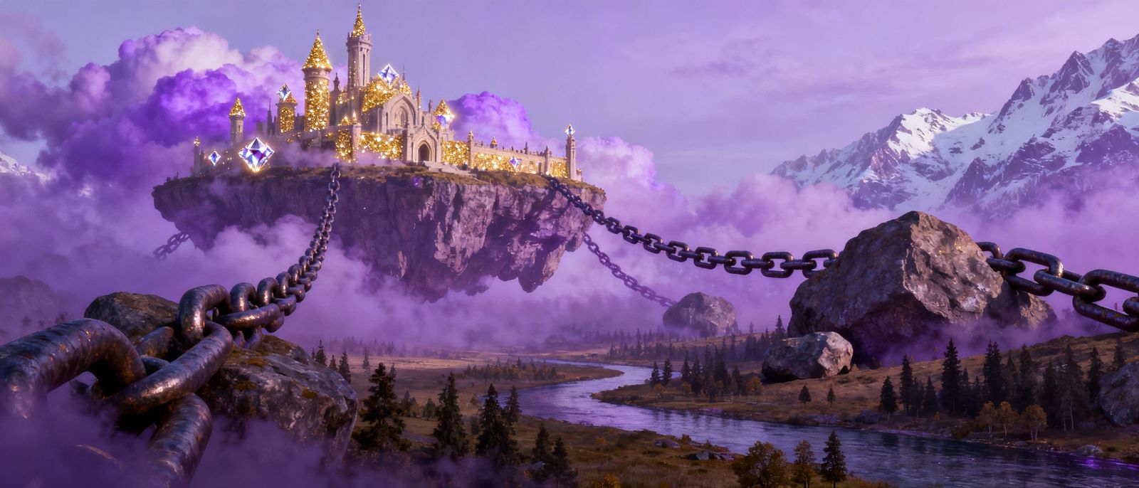 Floating Island with Castle Above Landscape, Connected by Ch...