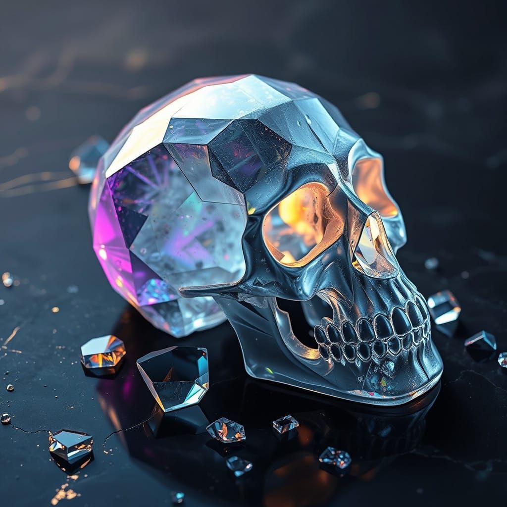 Surreal Crystal Skull Fragmented on Dark Stone in Biomechani...