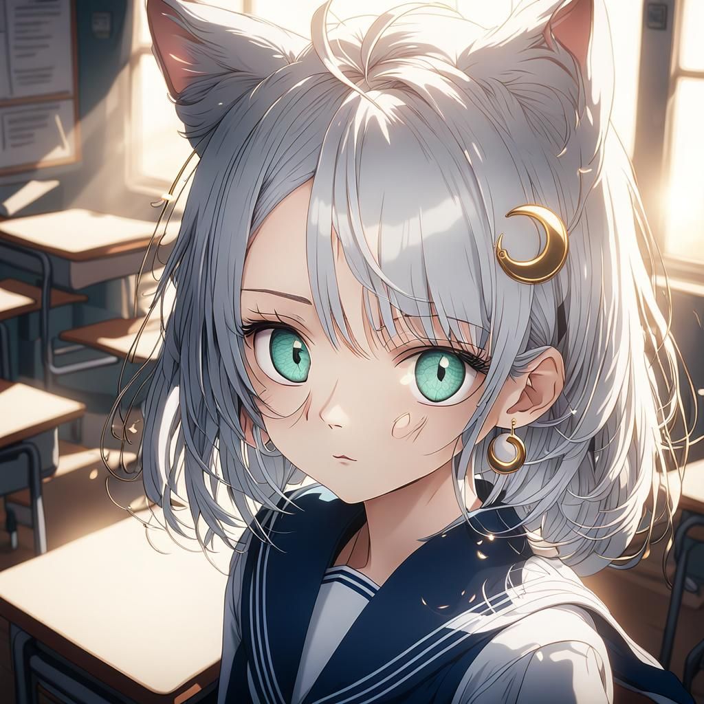Anime Girl with Cat Ears in Sailor Suit