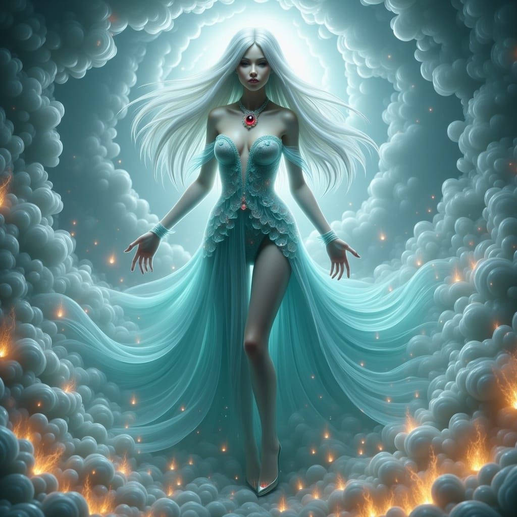 Albino Beauty in Fiery Dreamscape, Digital Art